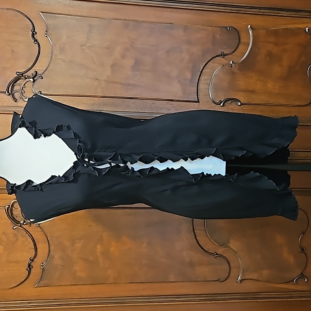 J Jill Long Vest 100% Rayon Ruffled Sleeveless Front Tie Closure Black Size S